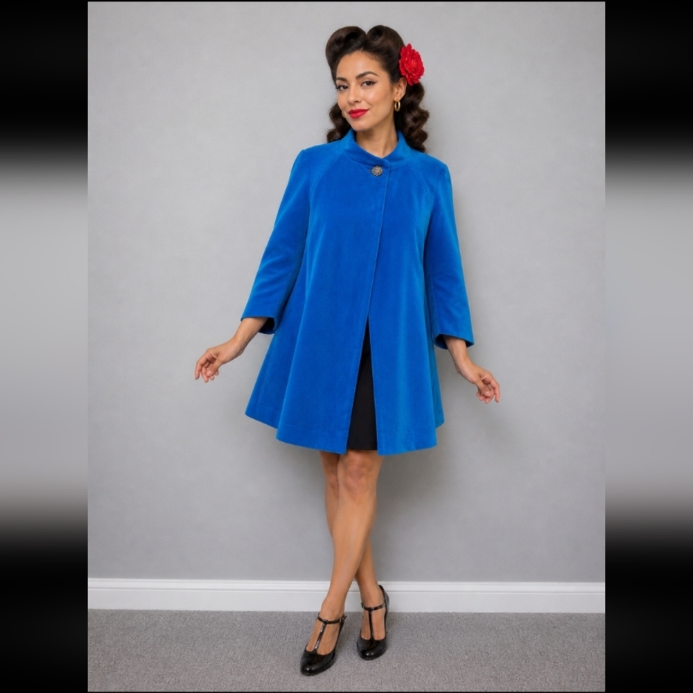 Handmade Vintage Velvet Blue Cape Jacket With Single Button Closure